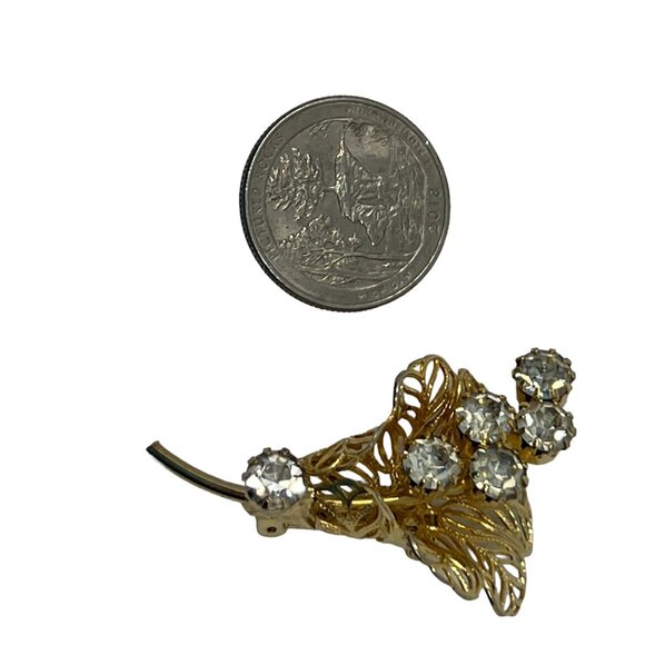 Floral Rhinestone Brooch Yellow Tone Calla Lilly‎ Flower Vintage Pin - Picture 5 of 7